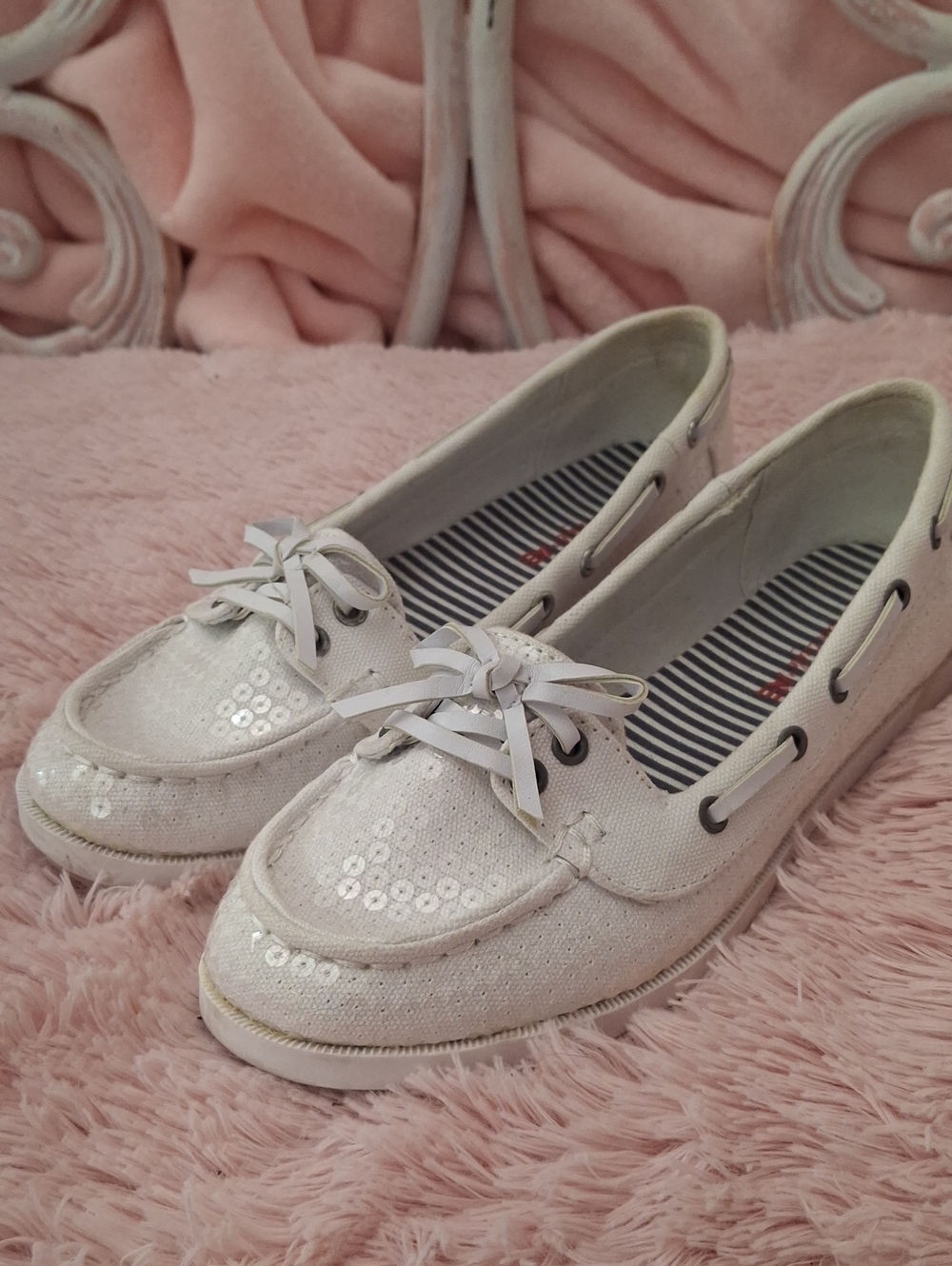 Women’s White Sequin Boat Shoe - Casual Lace-Up Slip-On